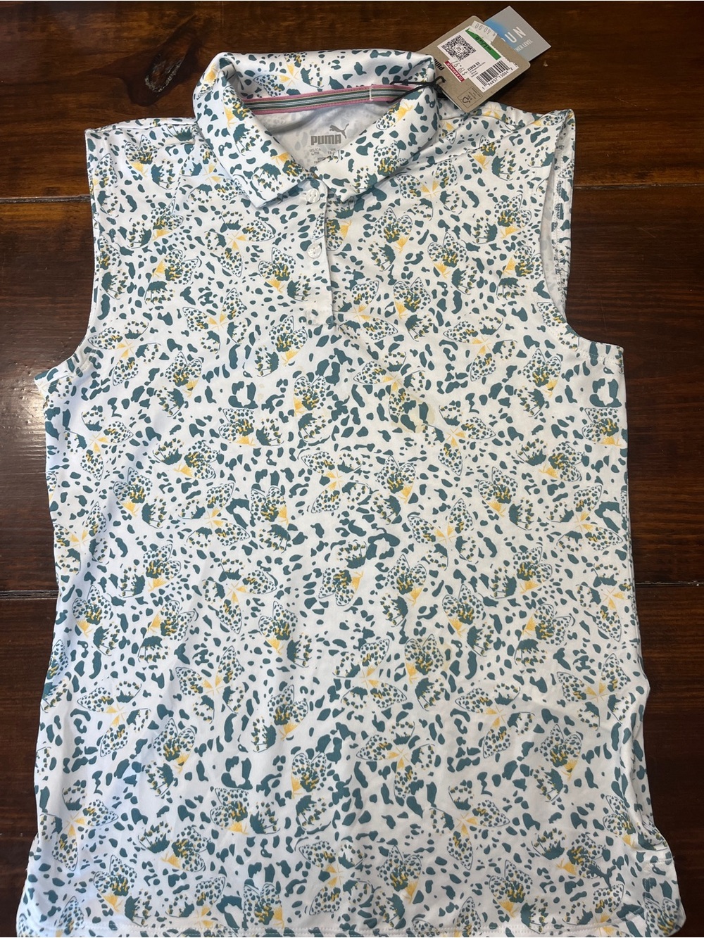 Puma White Sleeveless Polo Top with Teal & Yellow Floral Print Size large 13/14